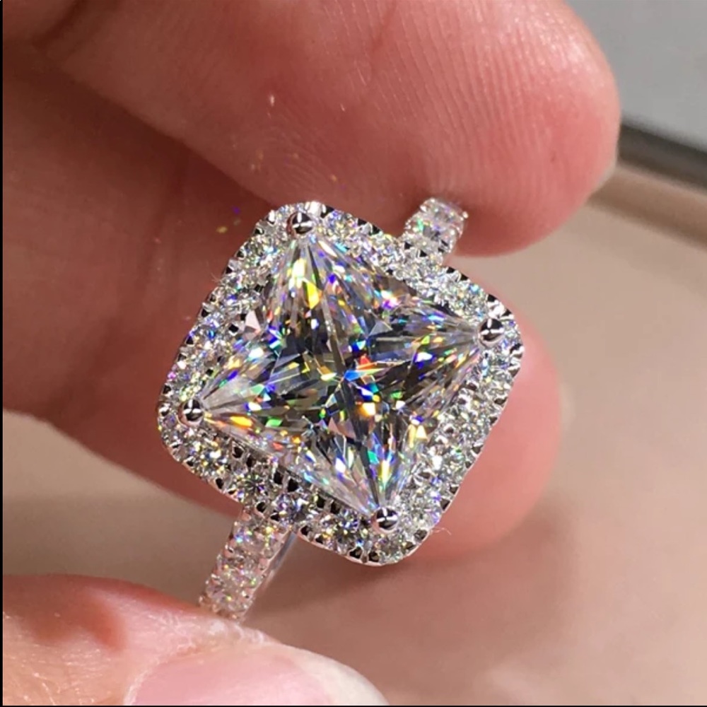 New Silver Square Cut Diamond Engagement Ring
